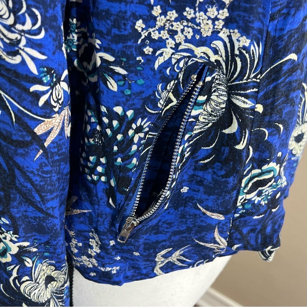 Jaase Boho Floral Cropped Bomber Moto Ruffel Jacket NWT Satin Feel Blue Size M. - Picture 6 of 11